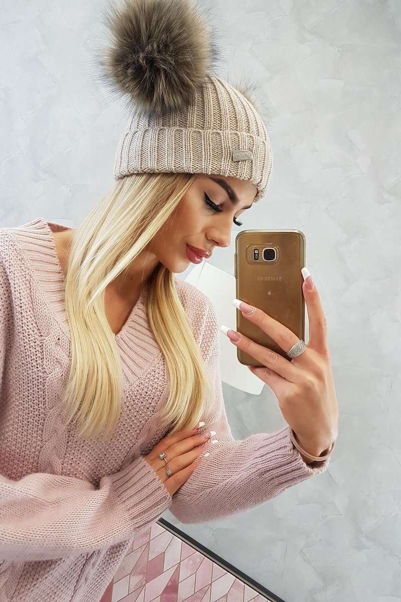 beige double pom pom hat