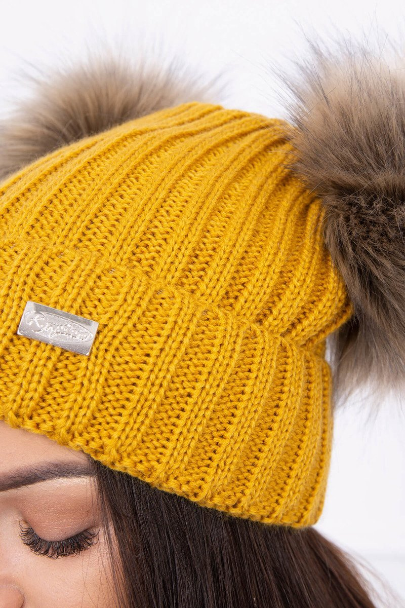 mustard double pom pom hat