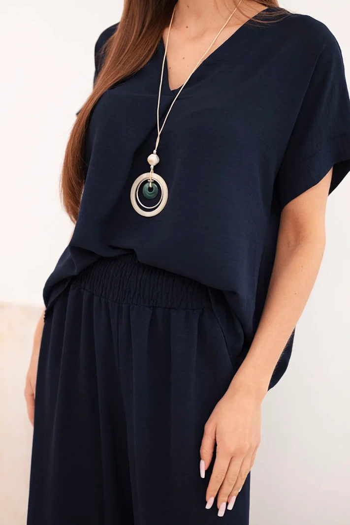 Set with necklace blouse + pants navy blue