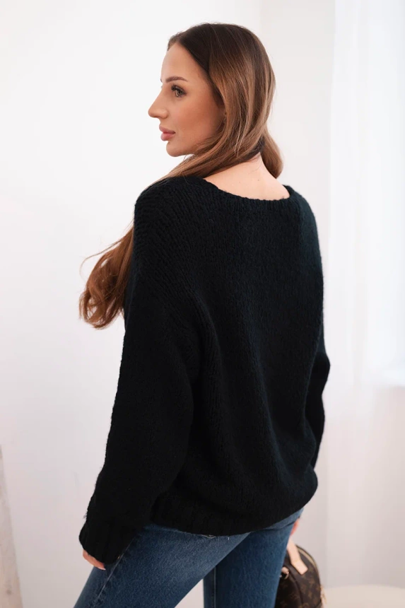 Sweter damski z domieszką wełny z dekoltem V czarny