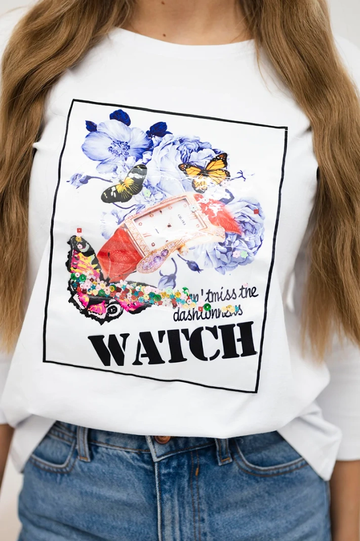 Bluse mit 3D Watch Grafik weiß