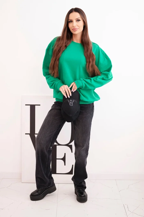 Women's basic cotton looped sweatshirt with a round neckline green