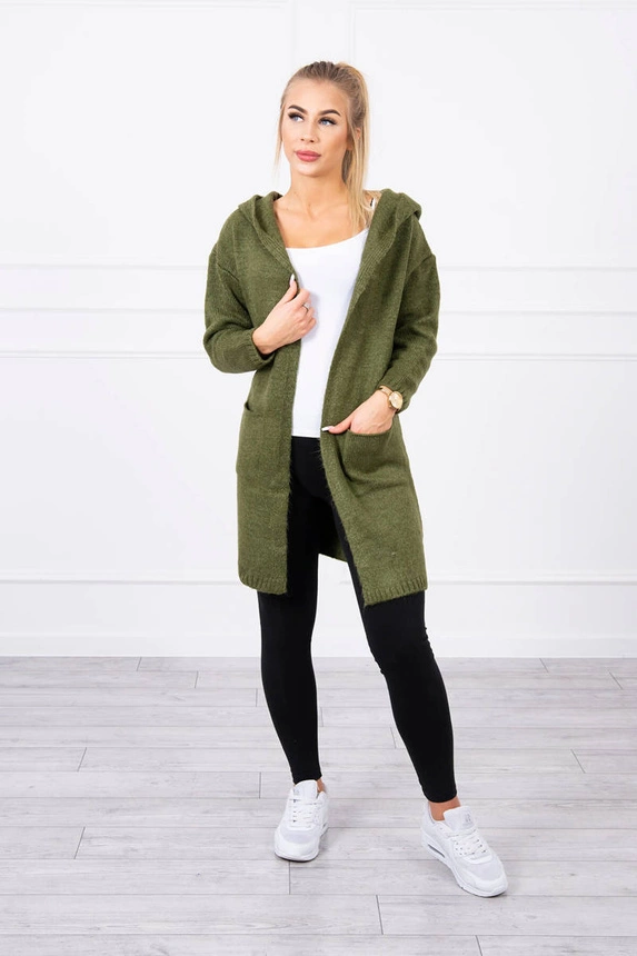 Sweter z kapturem i kieszeniami gładki khaki