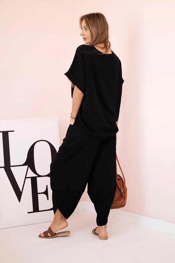 Set aus Viskose Bluse + Hose schwarz