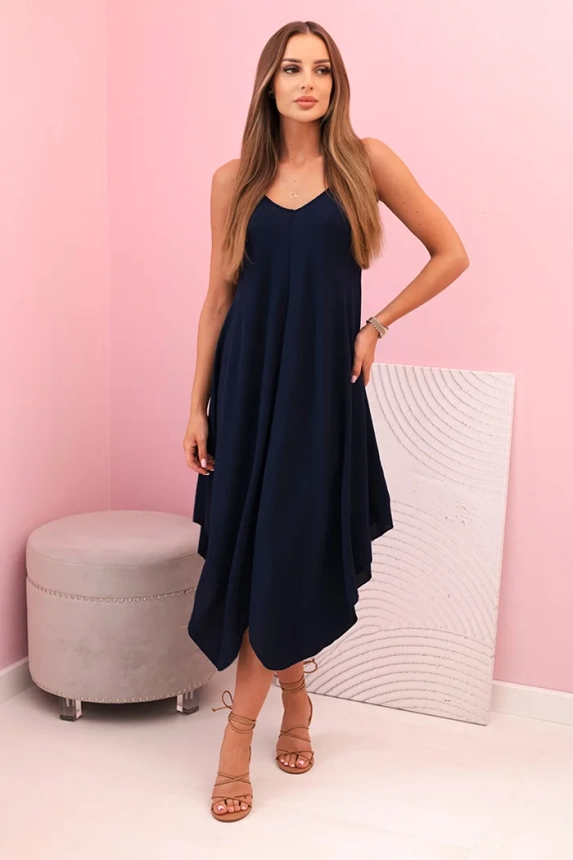 Women's dress with straps flared with an asymmetrical hem námořnická modř