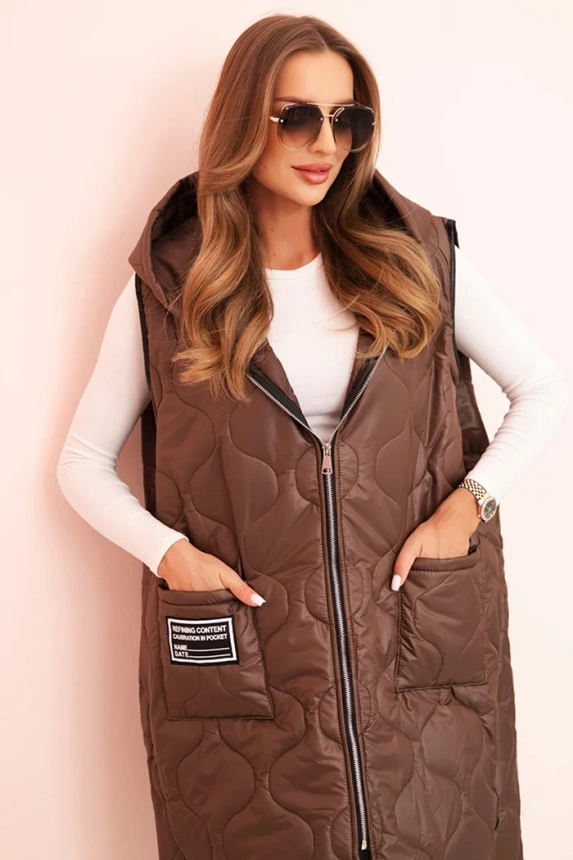 Damen Steppweste Plus Size mit Kapuze und Reißverschluss braun