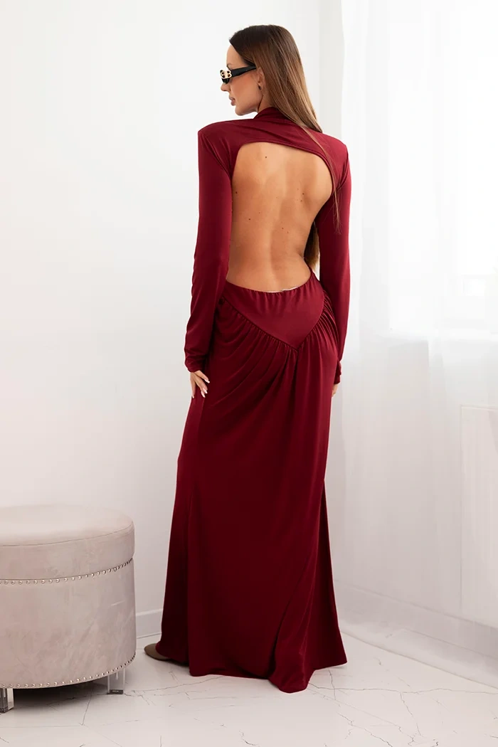 Damenkleid aus Viskose lang mit Rollkragen und offenen Rücken burgunderrot