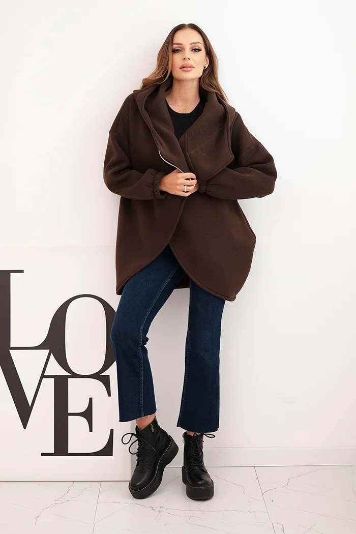 Women's insulated hoodie with an asymmetrical zipper brown