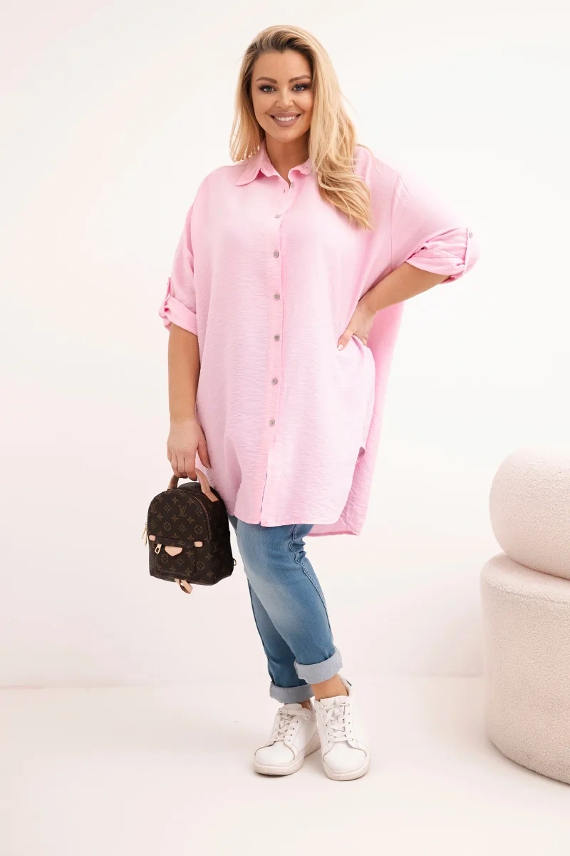 Koszula damska Plus Size z wiskozy z dłuższym tyłem cukierkowy róż
