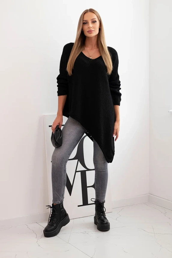 Women's asymmetrical wool sweater Plus Size with V-neck black