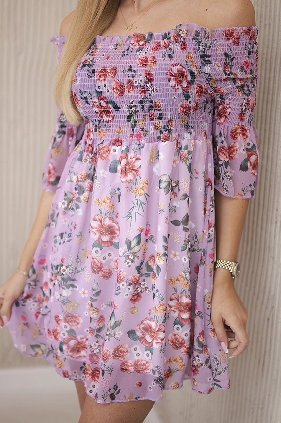 Off-the-shoulder dress with a flower pattern purple