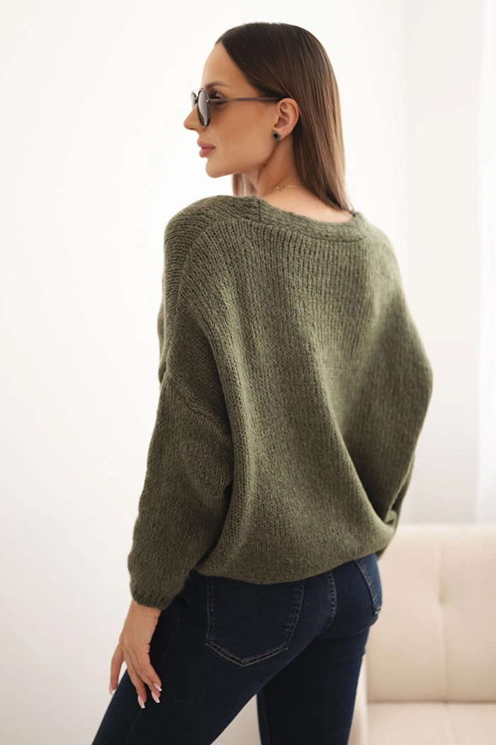 Damenpullover mit V-Ausschnitt und Knöpfen khaki