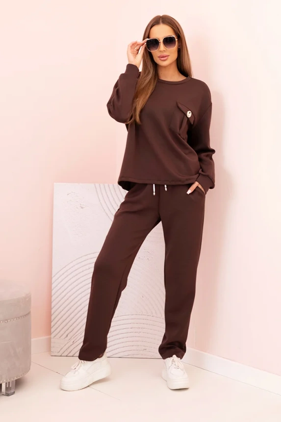 Women's set butter sweatshirt and pants with elastic brown