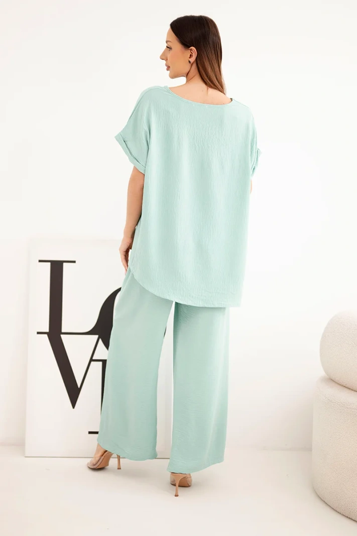 Komplet damski Plus Size bluzka i spodnie z szeroką nogawką ciemny miętowy