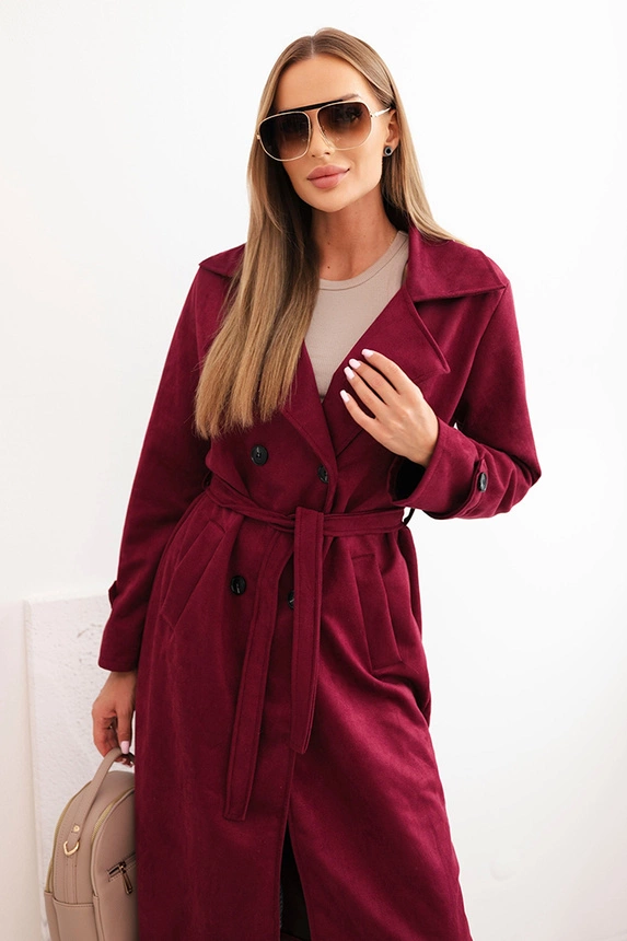 Women's suede coat tied at the waist with a collar and buttons burgundy