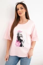 Women's oversized cotton top with short sleeves and a trendy print powder pink