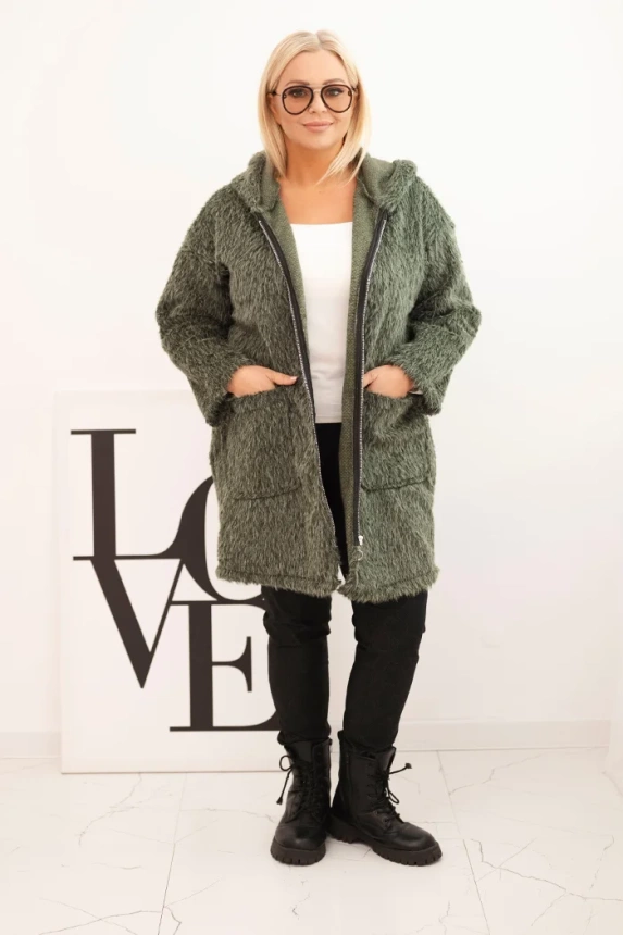 Dámský kabát Plus Size z viskózy na zip s kapucí khaki
