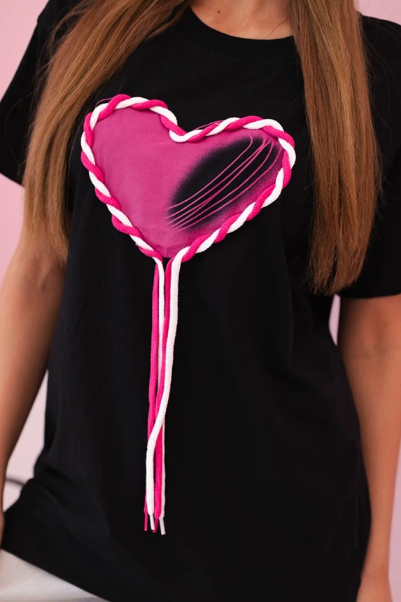 Damen T-Shirt aus Baumwolle Oversize mit Herz und Fransen schwarz