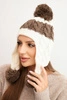 Women's winter wool hat with pom-poms and earflaps K447 ecru + mocca