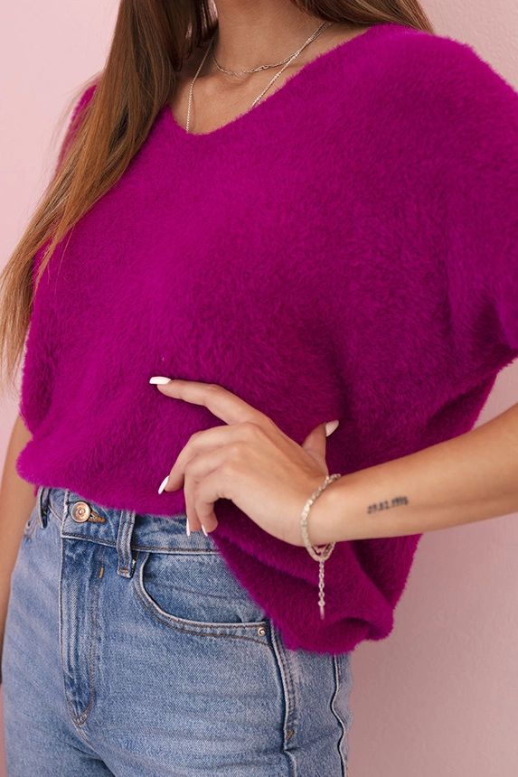 Women's sweater made of soft fluff with a V-neck and short sleeves dark purple