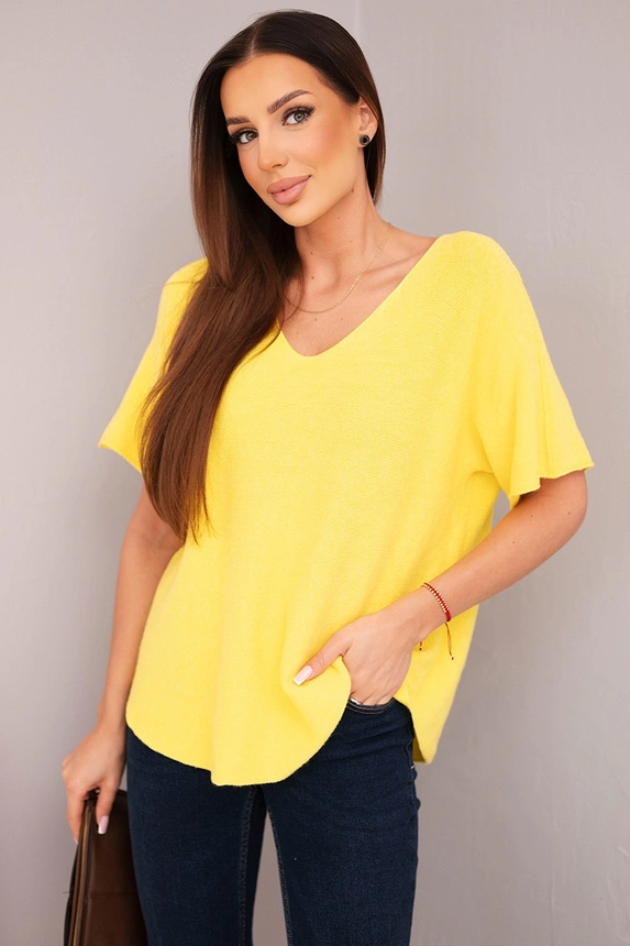 Women's short-sleeve sweater top with a V-neck yellow