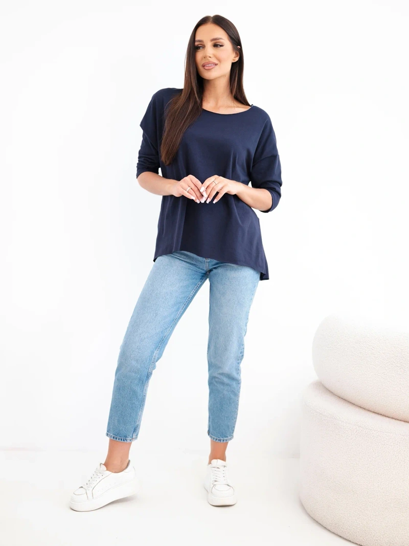 Damen Baumwollbluse mit lockerem Schnitt und verlängertem Rückteil blau dunkel