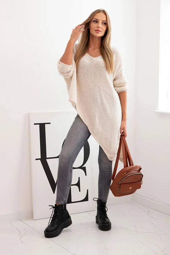 Damenpullover aus Wolle asymmetrisch Plus Size mit V-Ausschnitt hellbeige