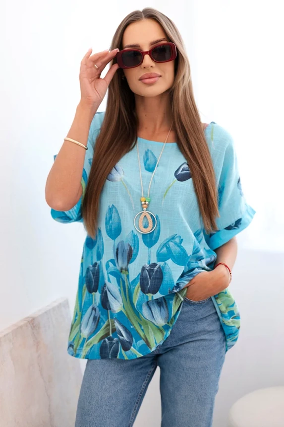Damenhemd aus Baumwolle mit Blumenmuster blau 
