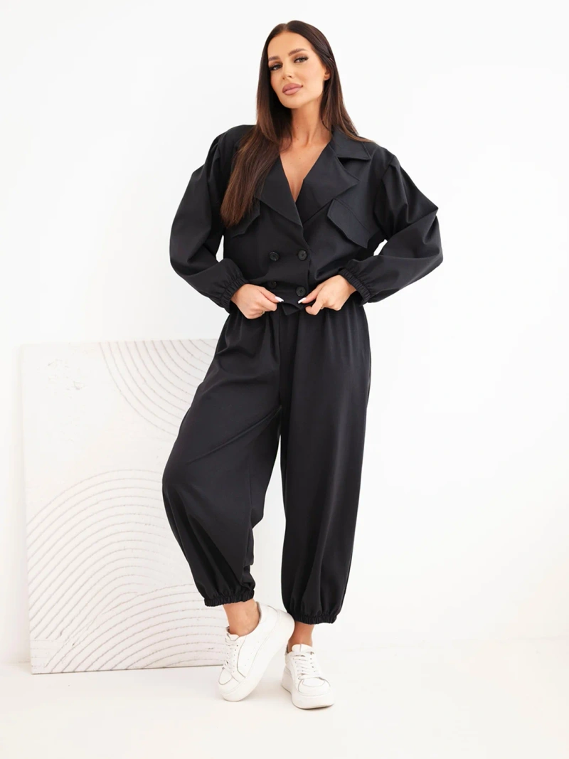Women’s cotton set with collar and jogger pants black