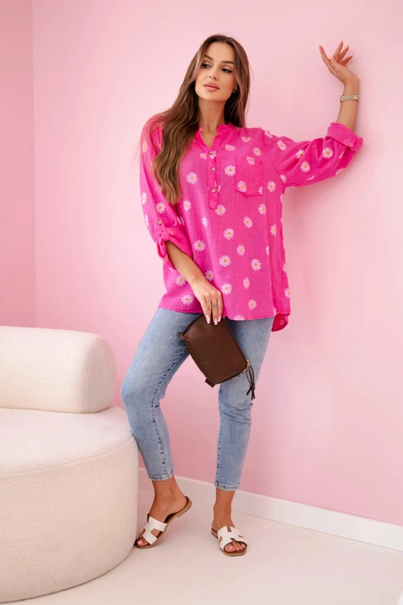 Linen Women's Blouse with Floral Pattern, Long Sleeves, and Buttons pink