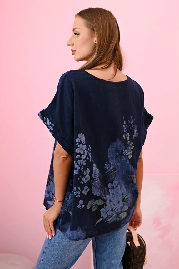 Damenhemd aus Baumwolle mit Schmetterlingen und Blumen marineblau