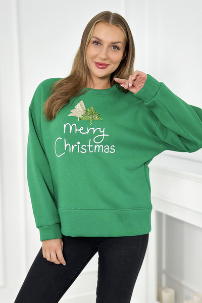 Bluza ocieplana z napisem Merry Christmas i choinką zielona