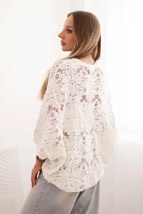 Damenpullover aus luftiger Sommerqualität mit kurzen Ärmeln und Blumenmuster ecru