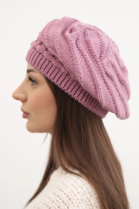 Women's winter loose-fitting wool hat with decorative weave K378 purple