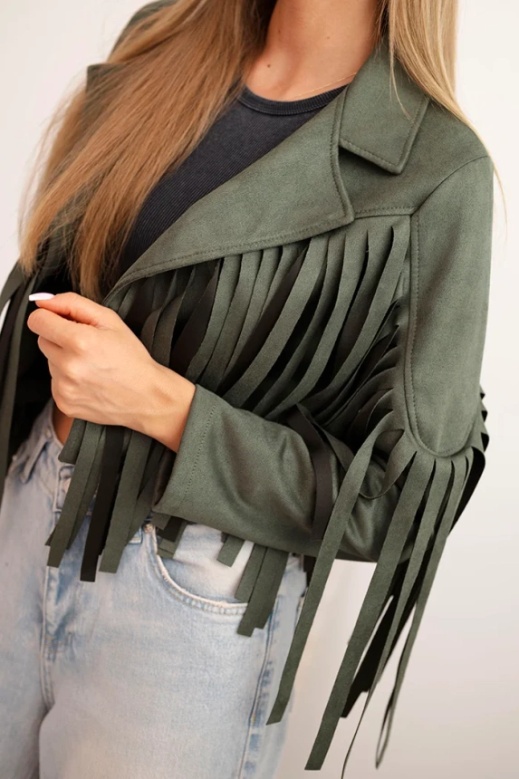 Women's suede jacket with fringes khaki