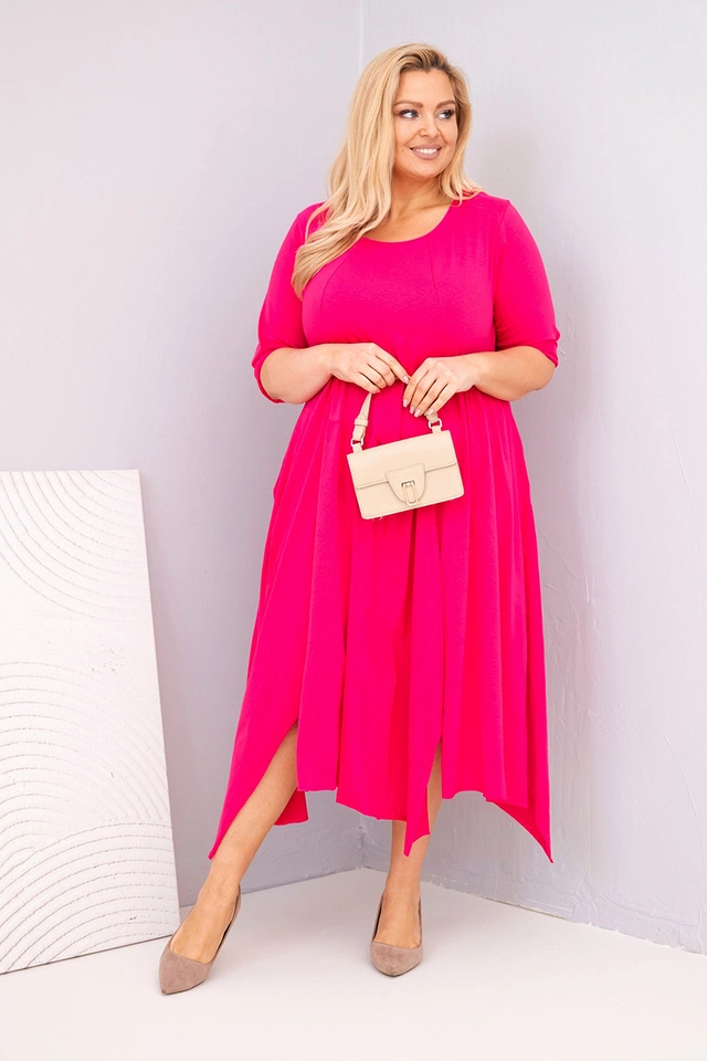 Plus Size women's cotton dress with an asymmetrical hem fuchsia