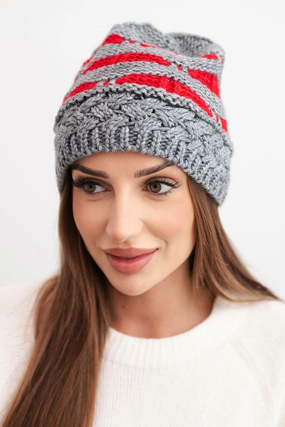Women's winter hat with thick wool knit and stripes K465 gray + red