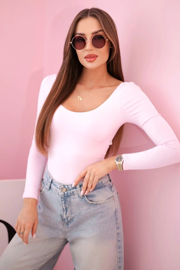 Damen-Bodysuit-Bluse mit langen Ärmeln und tiefem Ausschnitt Bonbon-Rosa