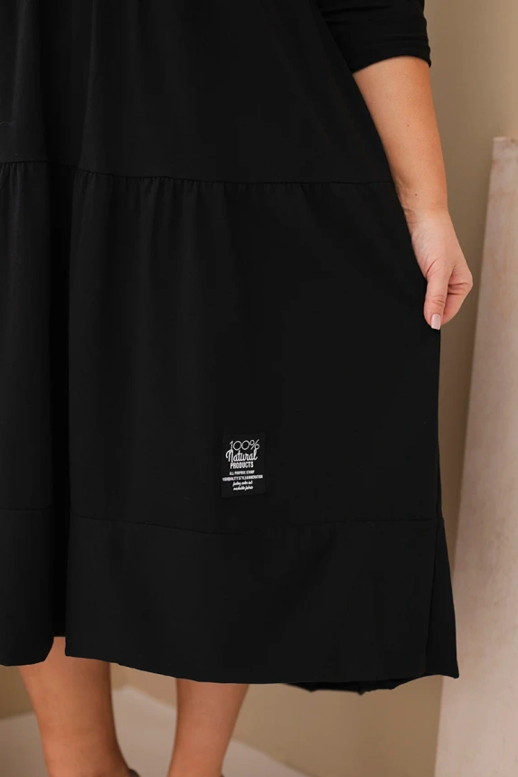 Damen Baumwollkleid Plus Size mit Rüschendetails und umgeschlagenem Ärmel schwarz