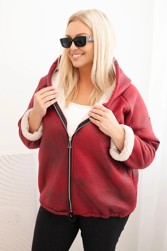 Damenjacke Plus Size mit Kapuze und Lammfell bordeaux