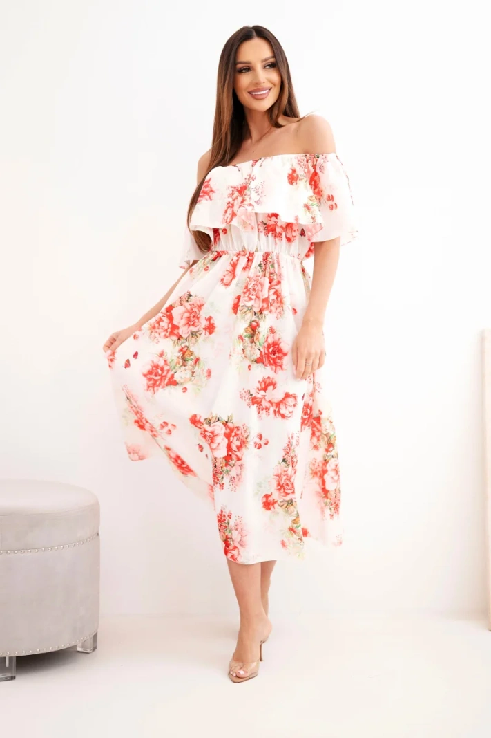 Damenkleid aus Viskose Carmen mit Blumen rot
