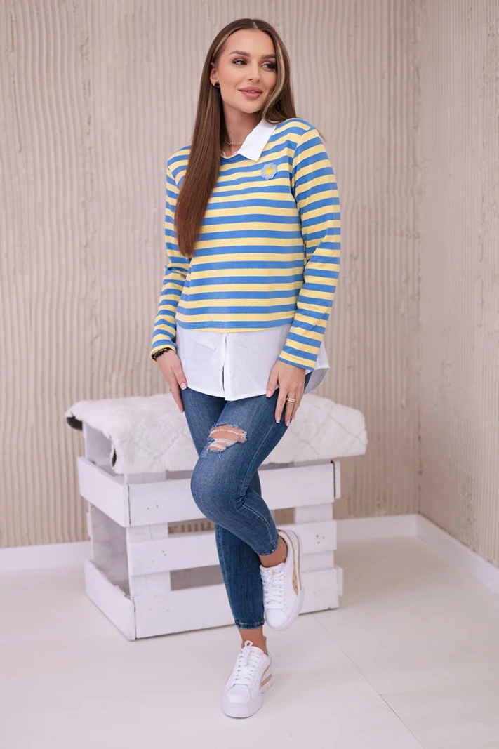 Striped cotton blouse with collar jeans+yellow