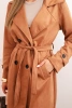 Women's suede coat tied at the waist with collar and buttons camel
