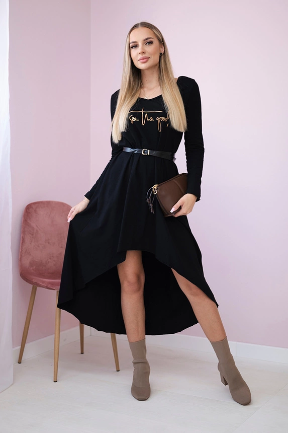 Dress with a decorative belt and an inscription black