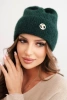 Women's winter fluffy hat with decorative button dark green