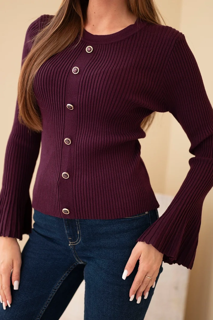 Women's ribbed viscose blouse with buttons and wide sleeve plum