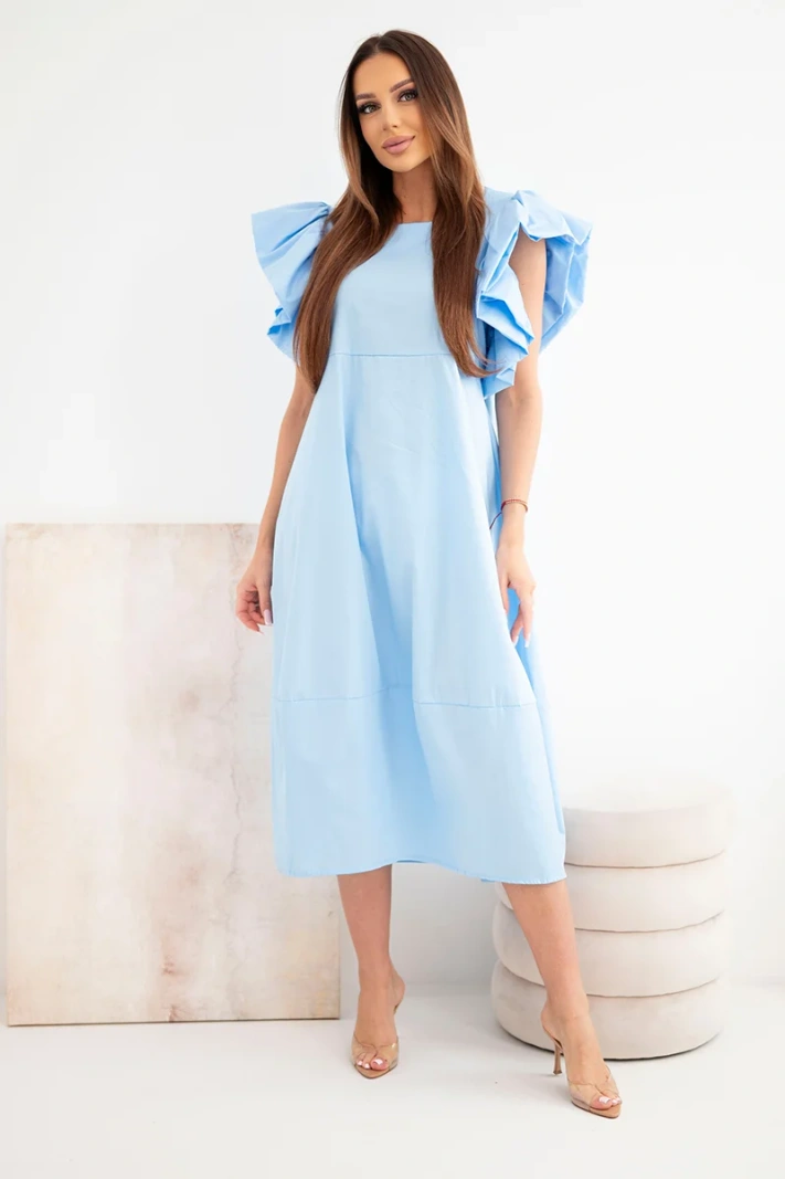 Damen Baumwollkleid mit Rüschenärmeln blau