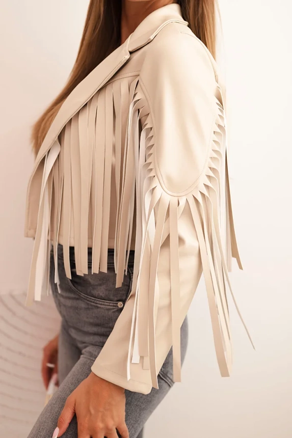 Women's jacket made of eco-leather with fringes in boho style beige