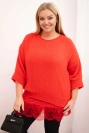 Women's set V-neck sweater and viscose blouse with lace bottom red
