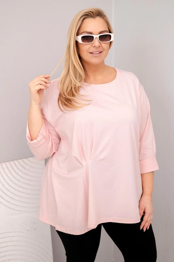 Bluzka damska plus size z bawełną z długim rękawem i marszczeniem pudrowy róż